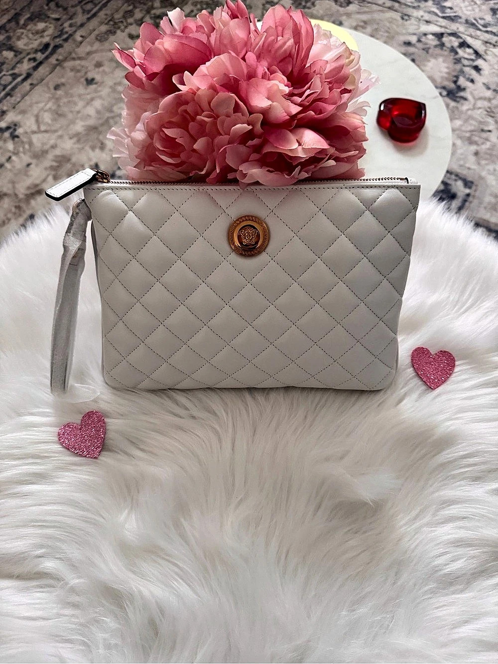 Versace Quilted Pouch Quilted Leather Pouch in White NWT